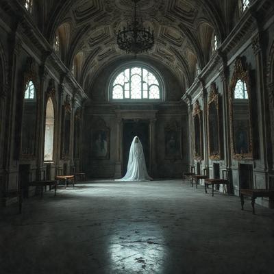 The primary subject of the image is a ghostly figure, possibly a woman, standing in a large, empty room with high ceilings. The setting appears to be a church or a similar historical building, as indicated by the presence of a chandelier and the overall architecture. The visual style of the image is a black and white photo, which adds to the dramatic and mysterious atmosphere of the scene. The colors and mood of the image are predominantly dark and moody, with the ghostly figure standing out as the focal point.